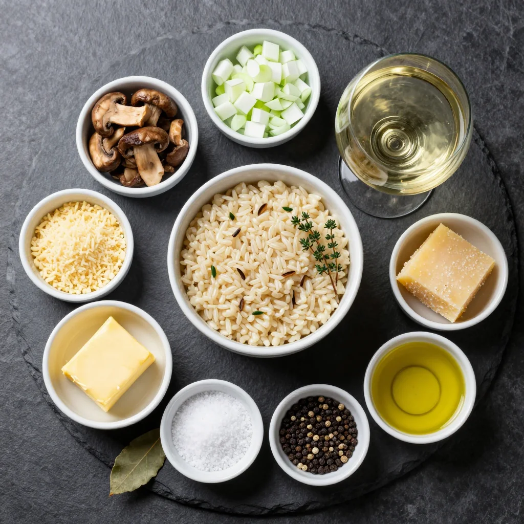 Ingredients laid out for slow cooker mushroom risotto
