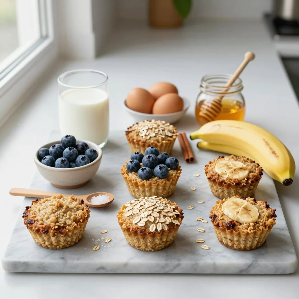 All ingredients for baked oatmeal cups with blueberries and bananas