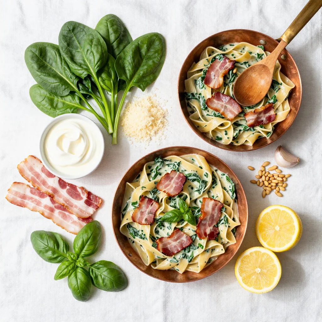 All ingredients for Creamy Spinach Pasta with Bacon