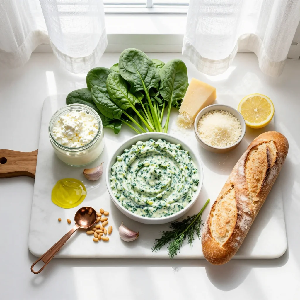 All ingredients laid out for Creamy Spinach Dip with Bread