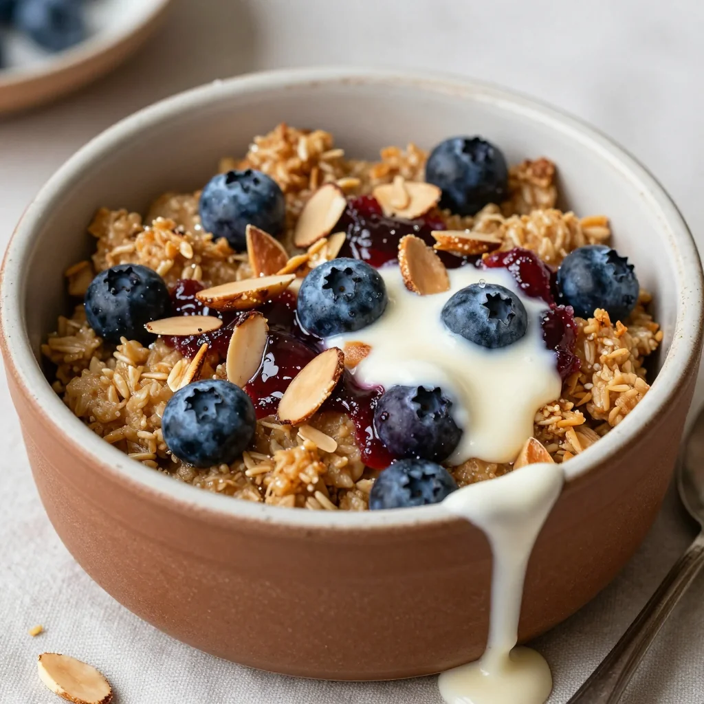 Warm Baked Oatmeal with Blueberries and Almonds for Winter