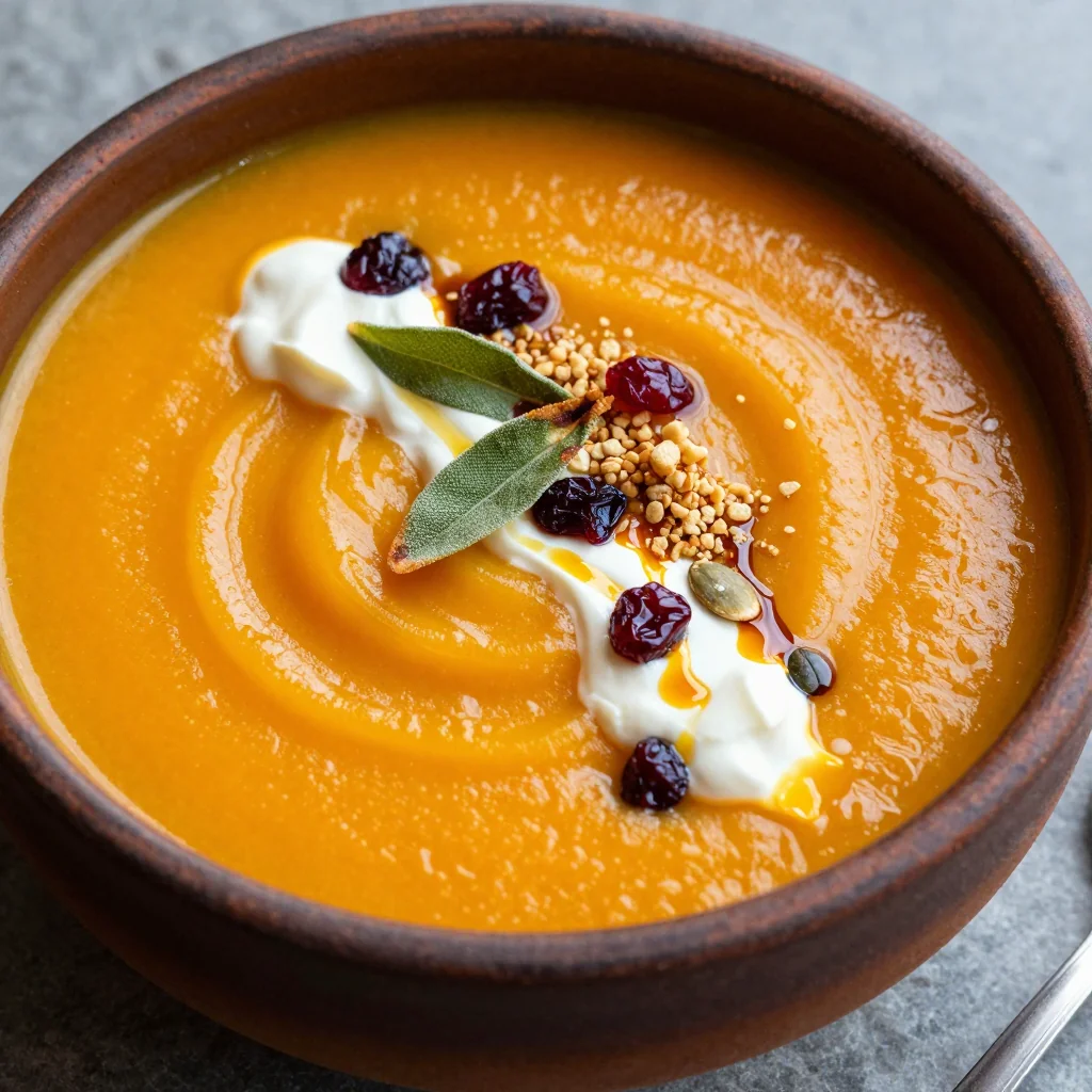 warm butternut squash soup with sage and cranberries for winter dinners