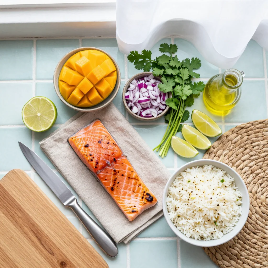 All ingredients for Grilled Salmon with Mango Salsa and Lime Rice