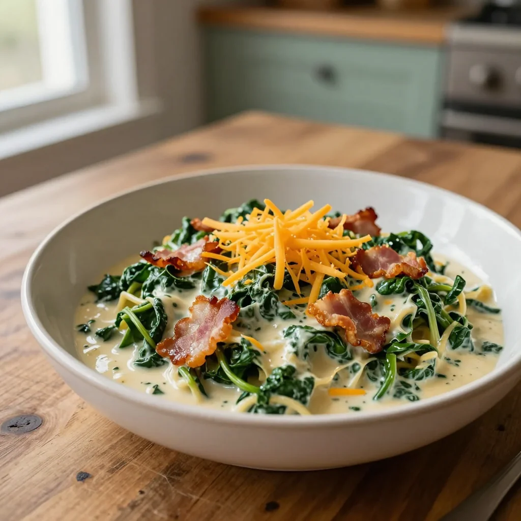 Creamy Spinach Pasta with Bacon and Cheese