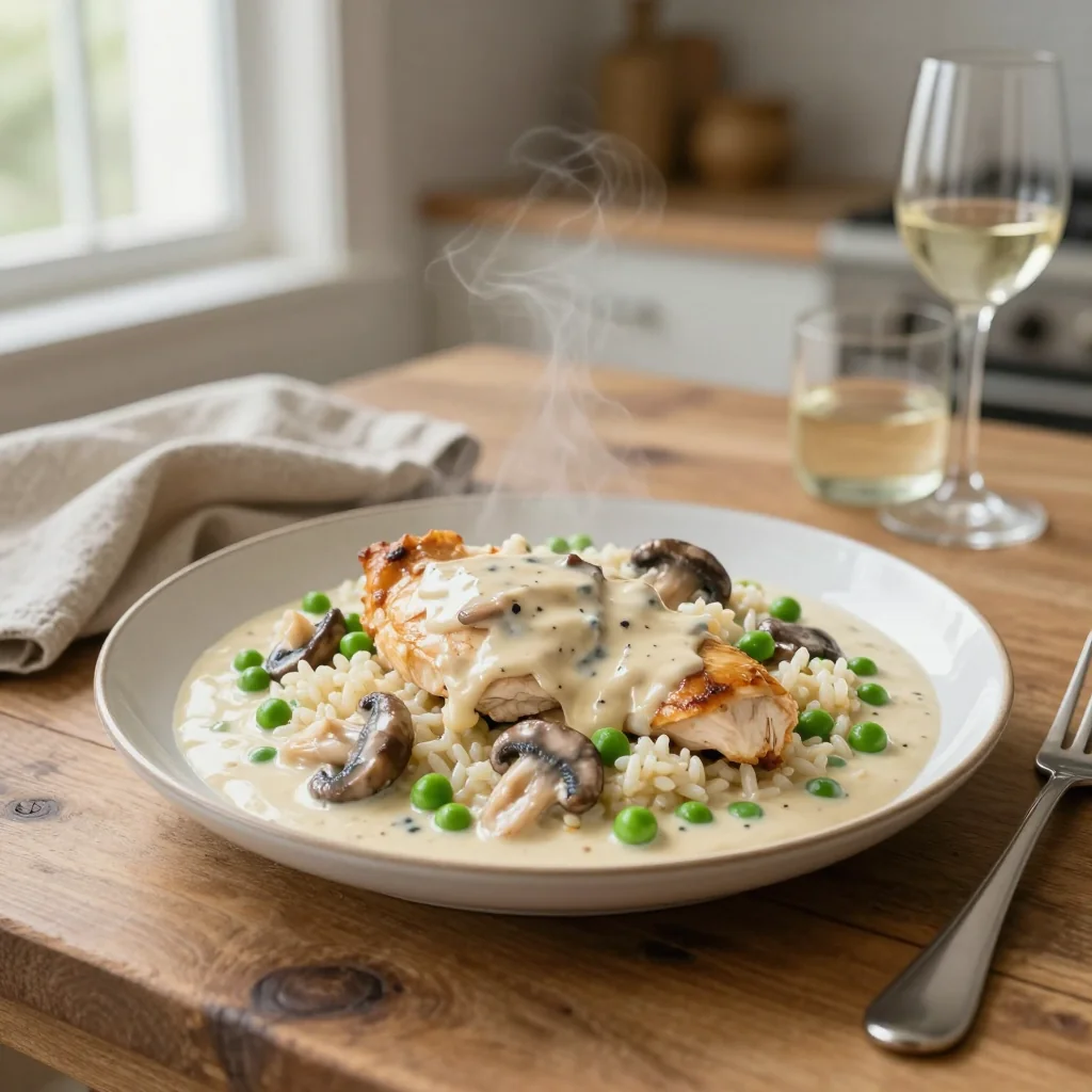 Creamy Mushroom Chicken with Rice and Peas