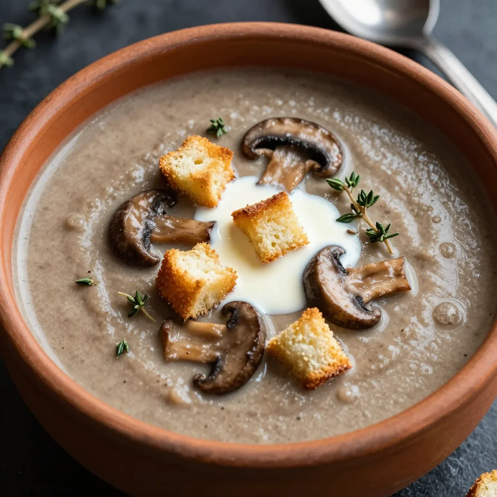 Creamy Mushroom Soup with Thyme and Croutons