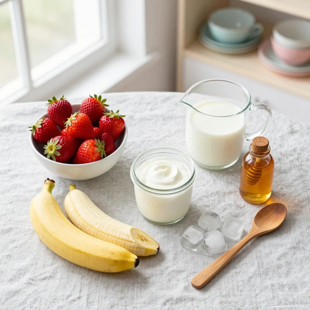 All ingredients for Strawberry Banana Smoothie Healthy Breakfast