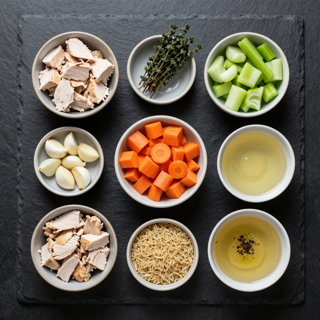 Clean eating chicken and wild rice soup ingredients arranged on a wooden board