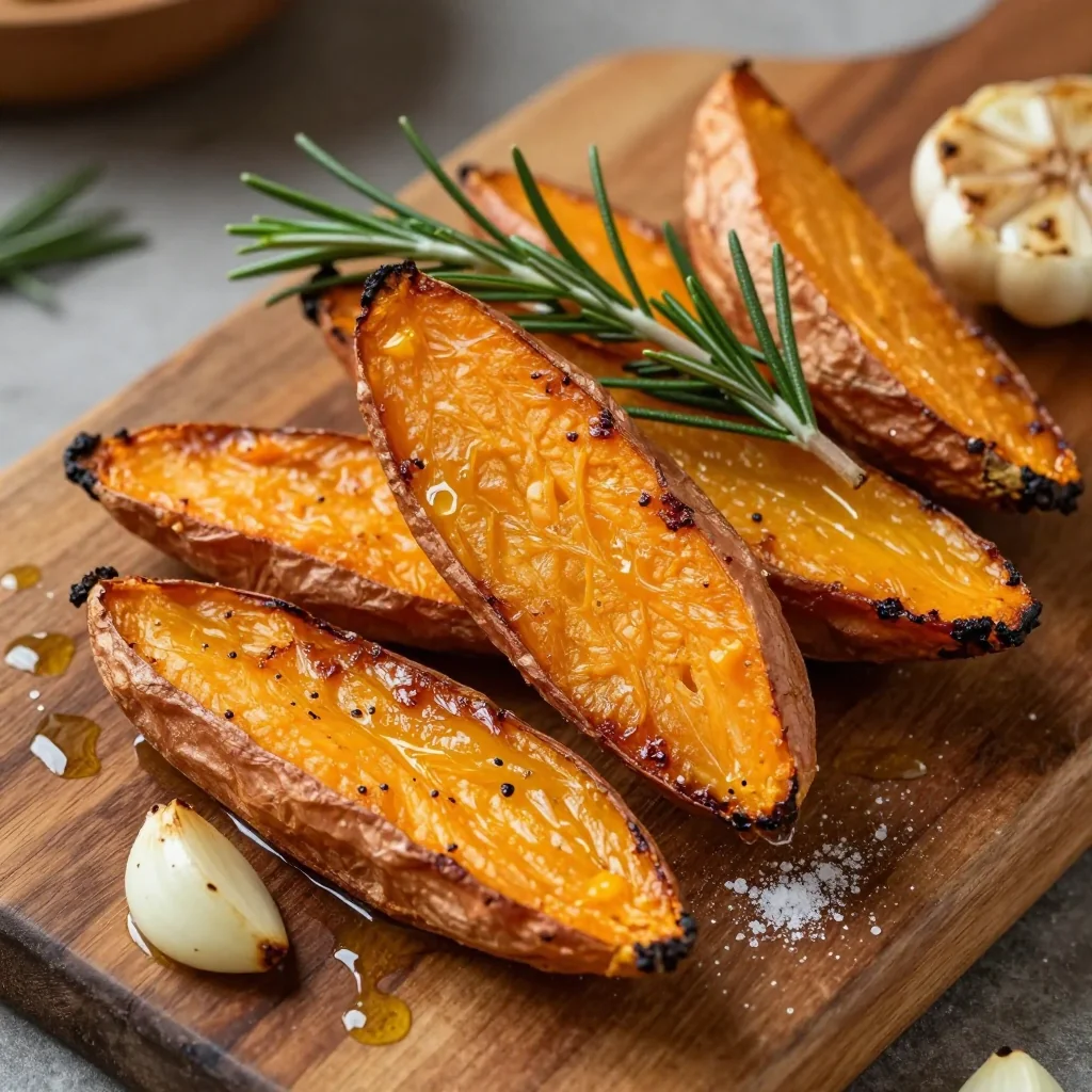 Crispy Baked Sweet Potato Wedges with Garlic and Rosemary for a Healthy Side Dish