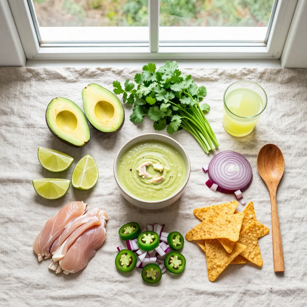 All ingredients laid out for Chicken Avocado Lime Soup with Tortilla Strips