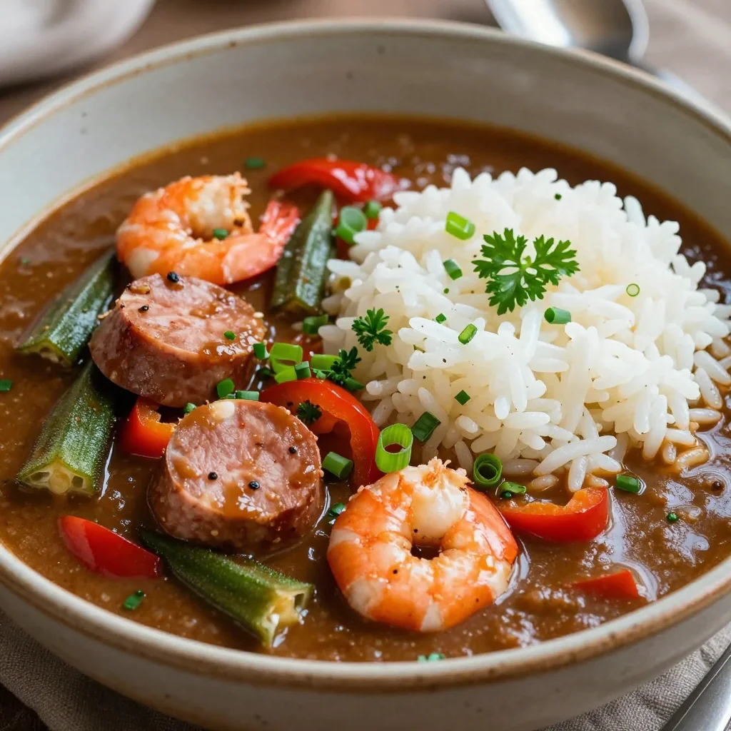 High Protein Slow Cooker Gumbo with Shrimp and Andouille