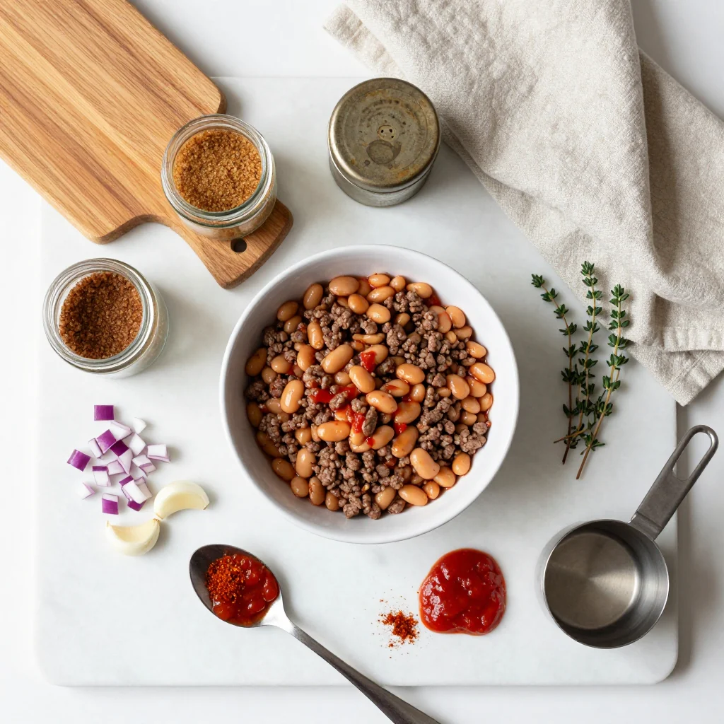 All ingredients for Baked Beans with Ground Beef and Brown Sugar