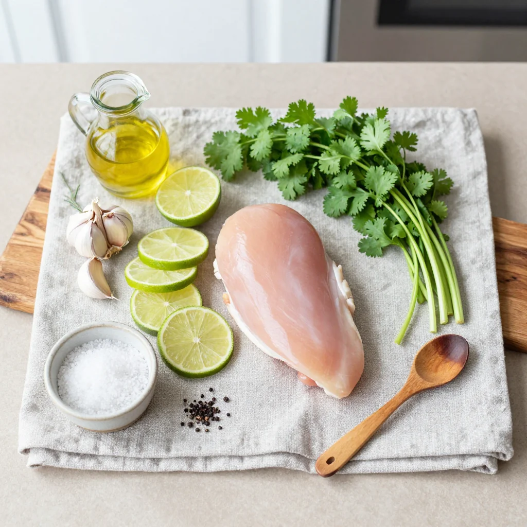 All ingredients for Grilled Chicken with Lime Cilantro Marinade neatly arranged on a wooden board