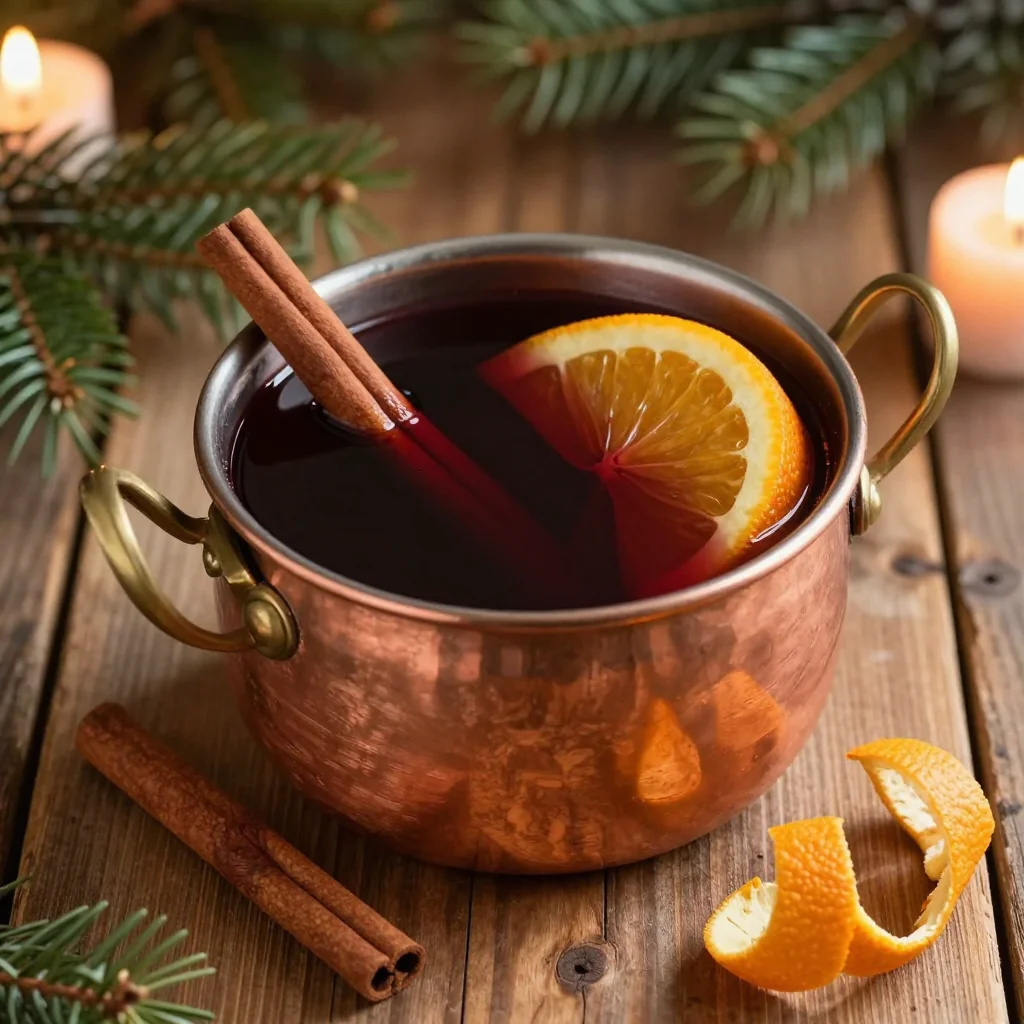 warm mulled wine with cinnamon and orange peel for holiday entertaining