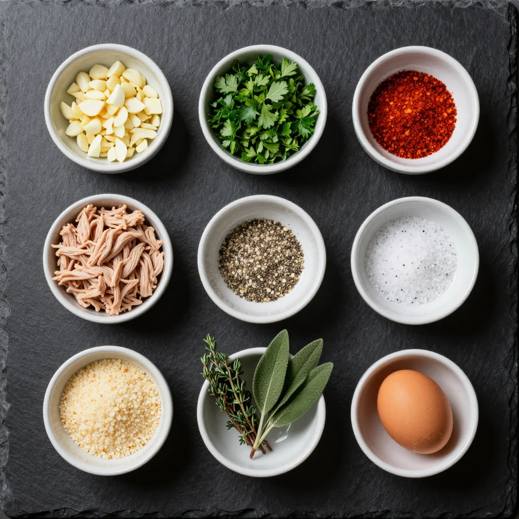 Turkey breakfast patty ingredients arranged on a wooden board