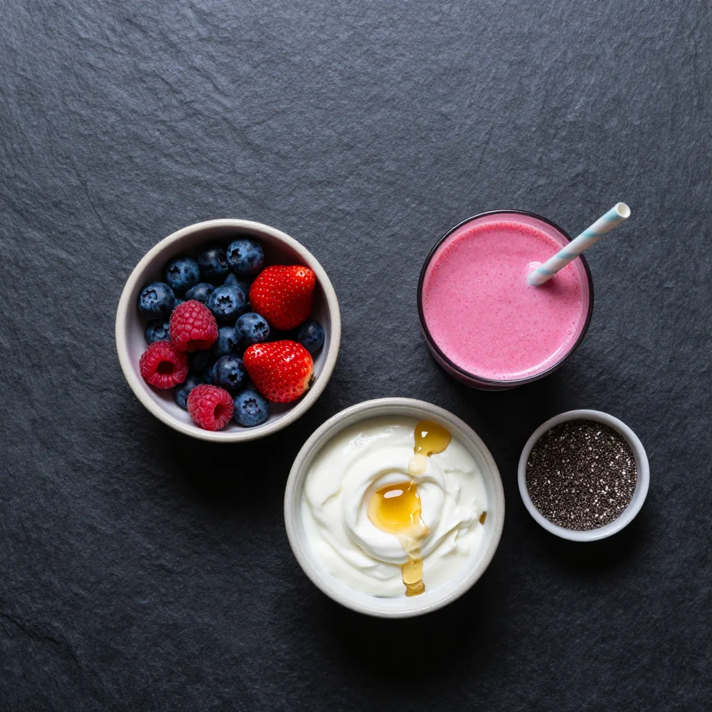 Fresh berries, spinach, avocado, and other ingredients arranged on a marble counter