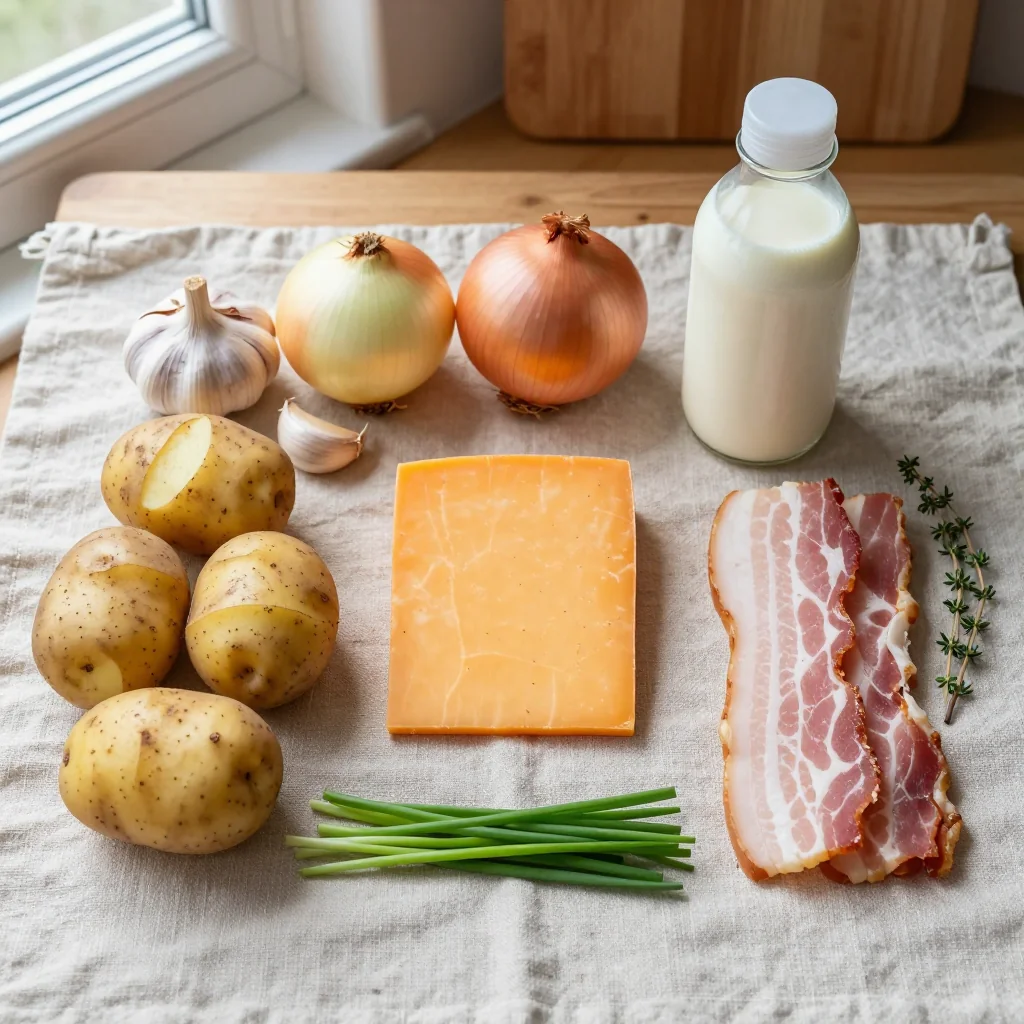 All ingredients for Creamy Potato Soup with Bacon and Cheddar