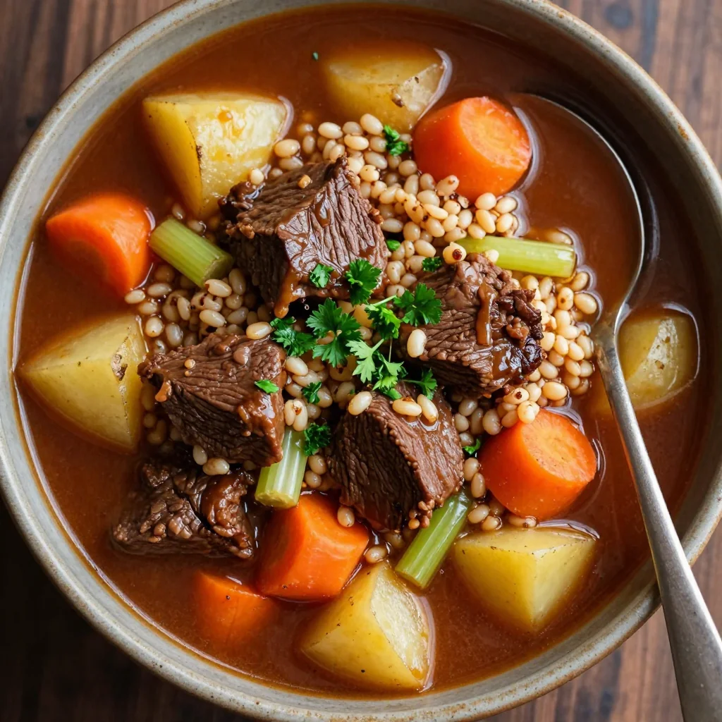 Pantry Clean Out Beef and Barley Stew in the Crockpot