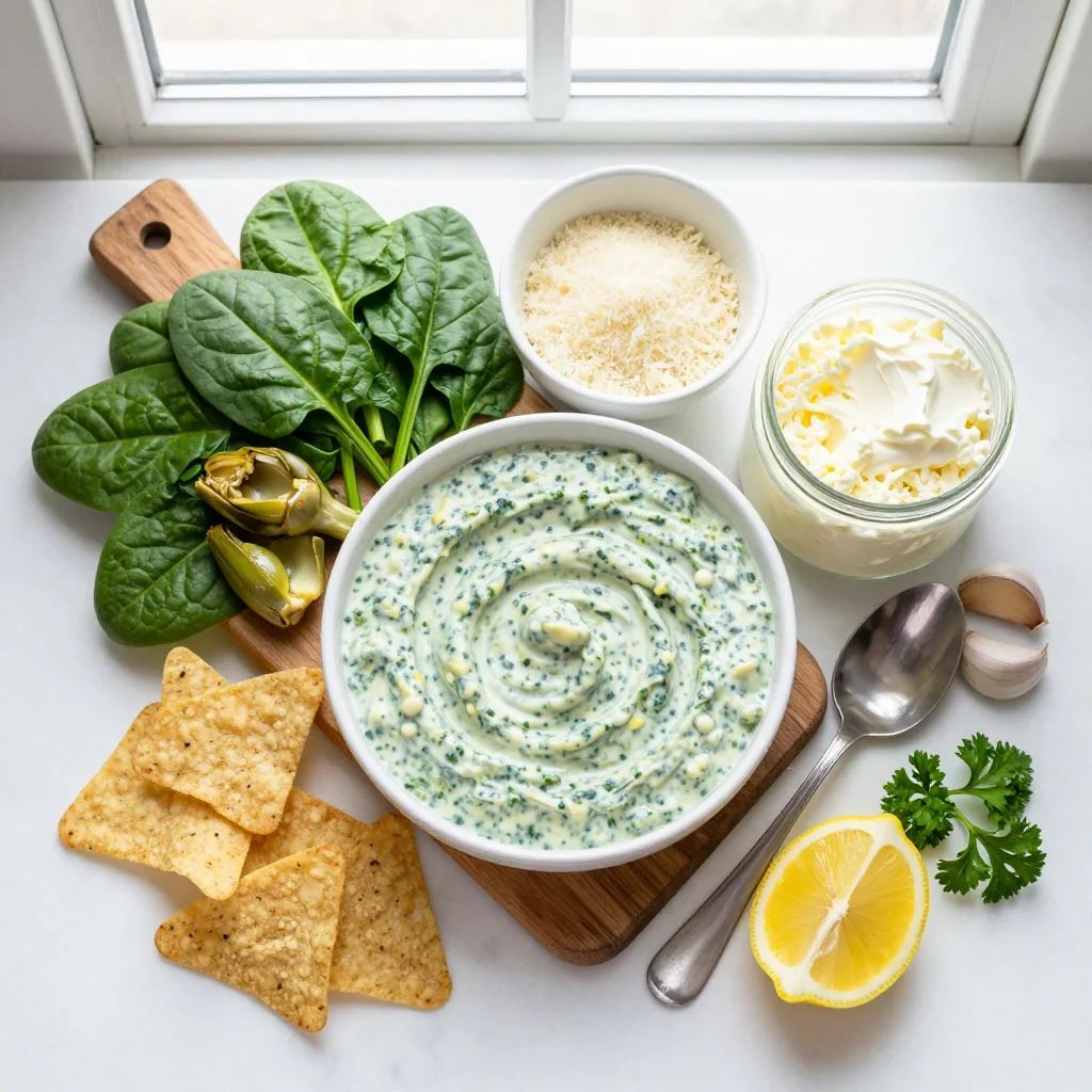 All ingredients for Creamy Spinach Artichoke Dip with Tortilla Chips