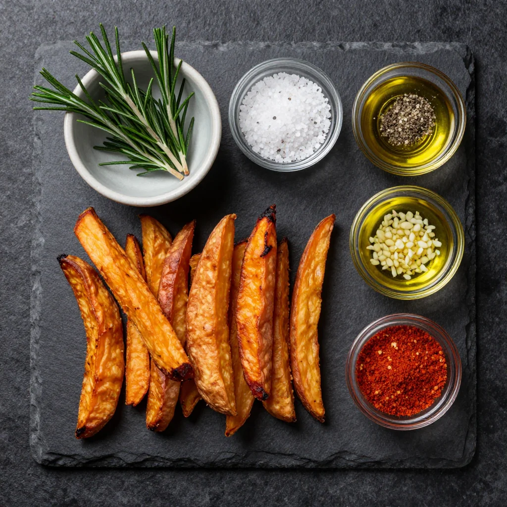 Ingredients for crispy sweet potato fries with fresh rosemary