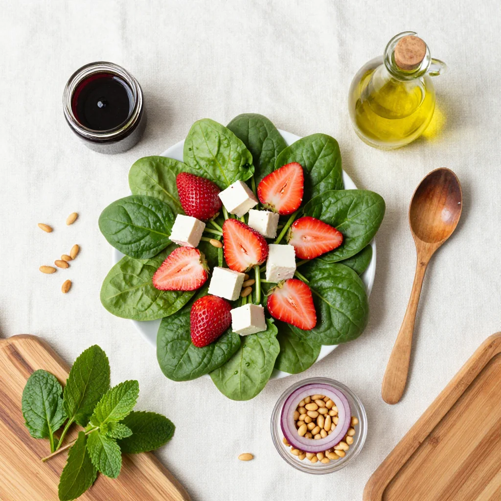 All ingredients for Spinach Salad with Strawberries and Feta