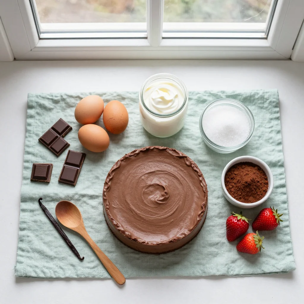All ingredients for Chocolate Mousse Cake neatly arranged