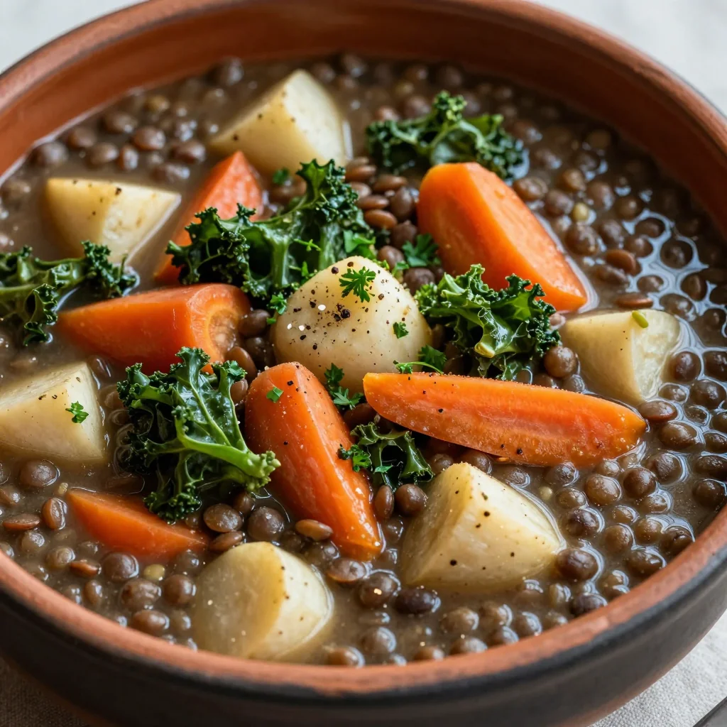 hearty slow cooker lentil stew with mixed winter vegetables