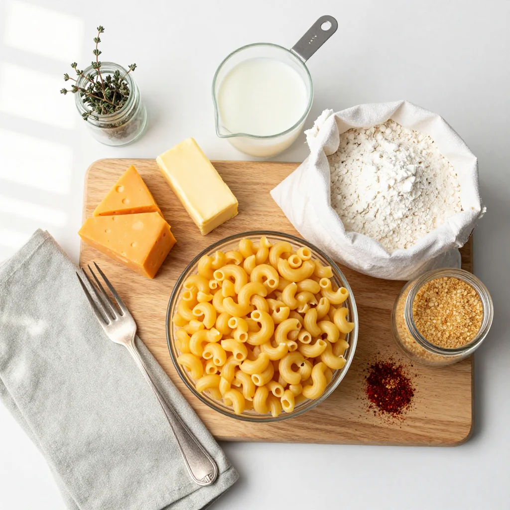 All ingredients for Southern Mac and Cheese Baked neatly arranged on a wooden board