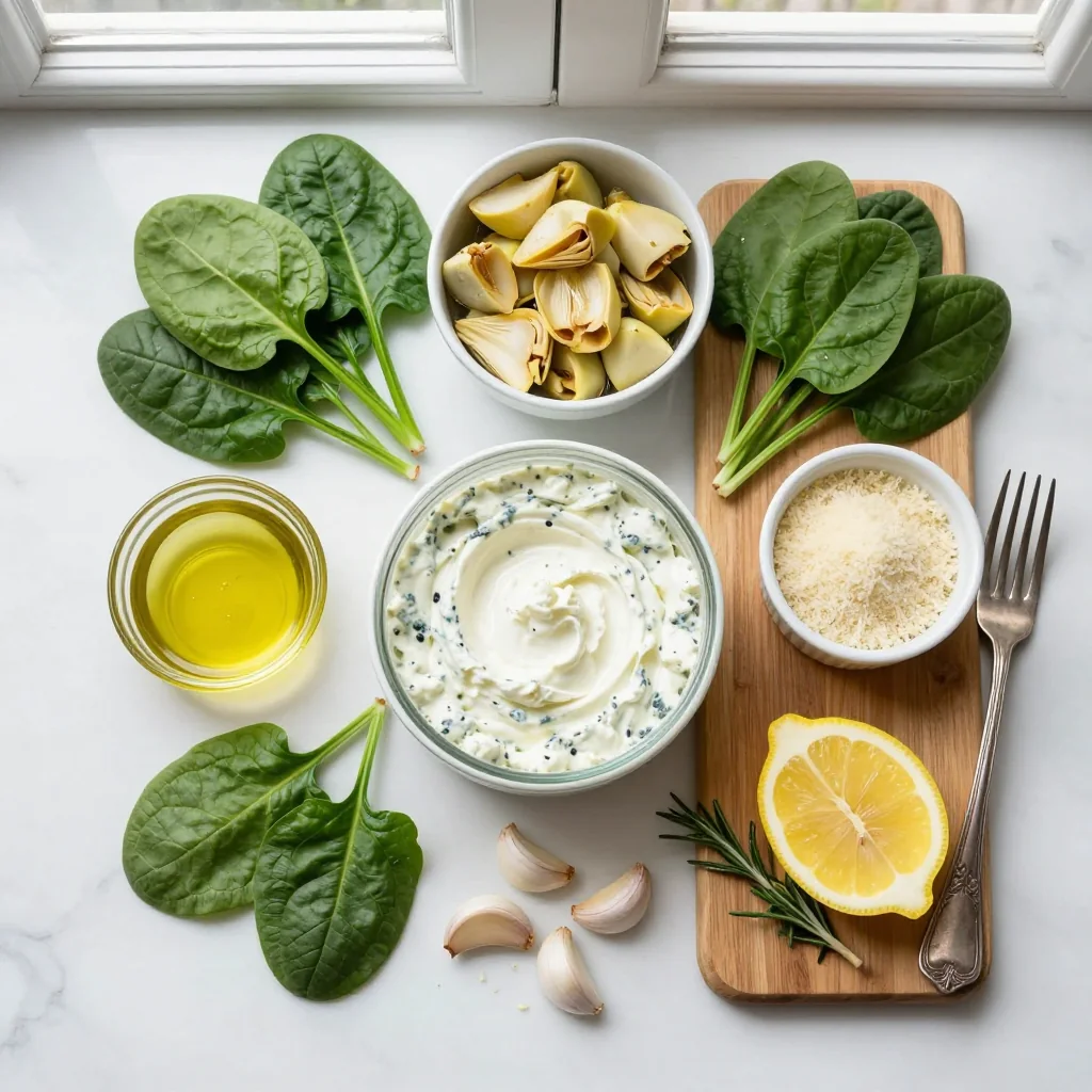 All ingredients for Spinach Artichoke Dip with Tortilla Chips