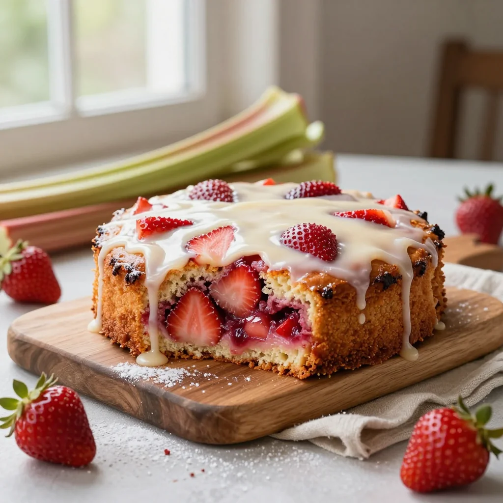Strawberry Rhubarb Coffee Cake with Vanilla Glaze