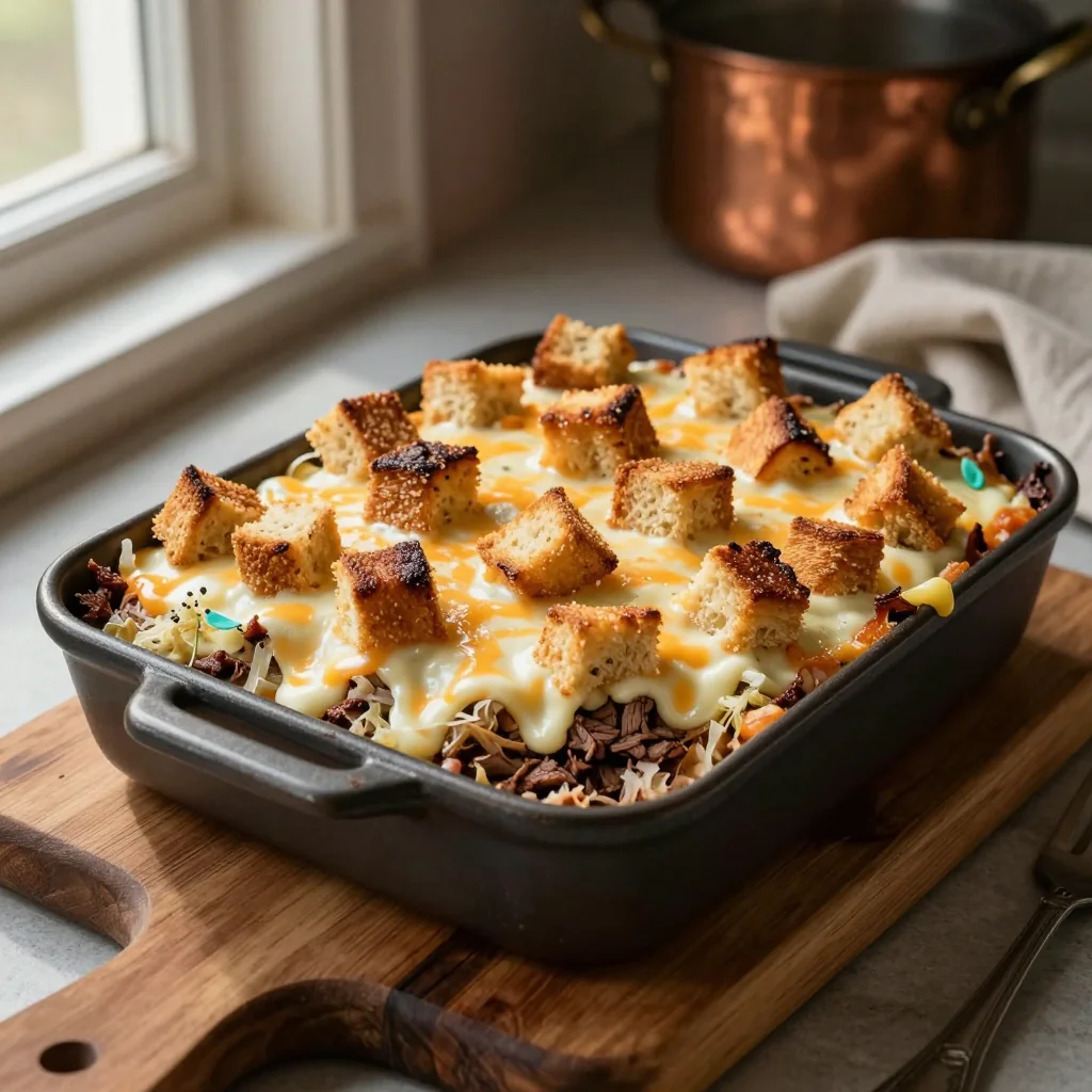 Reuben Casserole with Rye Croutons