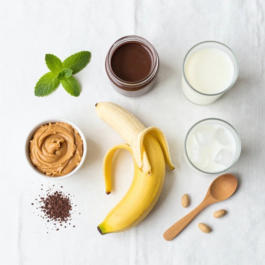 All ingredients for Chocolate Peanut Butter Smoothie with Banana