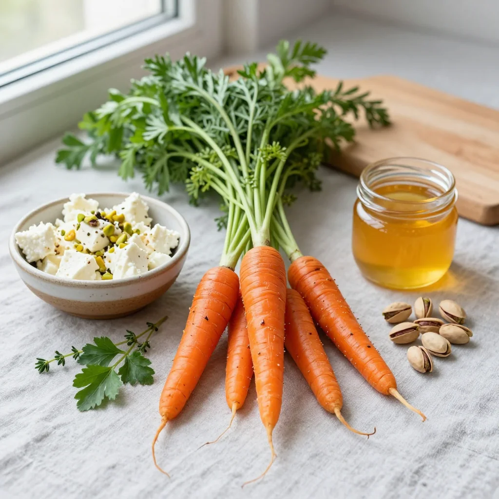All ingredients for Honey Roasted Carrots with Feta and Pistachios