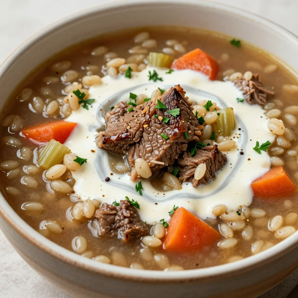 Cozy Creamy Beef And Barley Soup That Is A Filling And Flavorful Winter Dinner Option