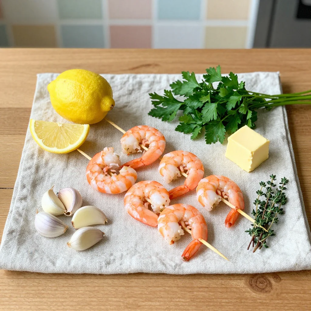 All ingredients for Lemon Garlic Butter Shrimp Skewers laid out on a wooden board