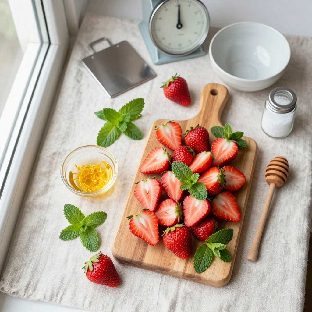 All ingredients for Strawberry Fruit Salad with Mint Leaves neatly arranged on a wooden board