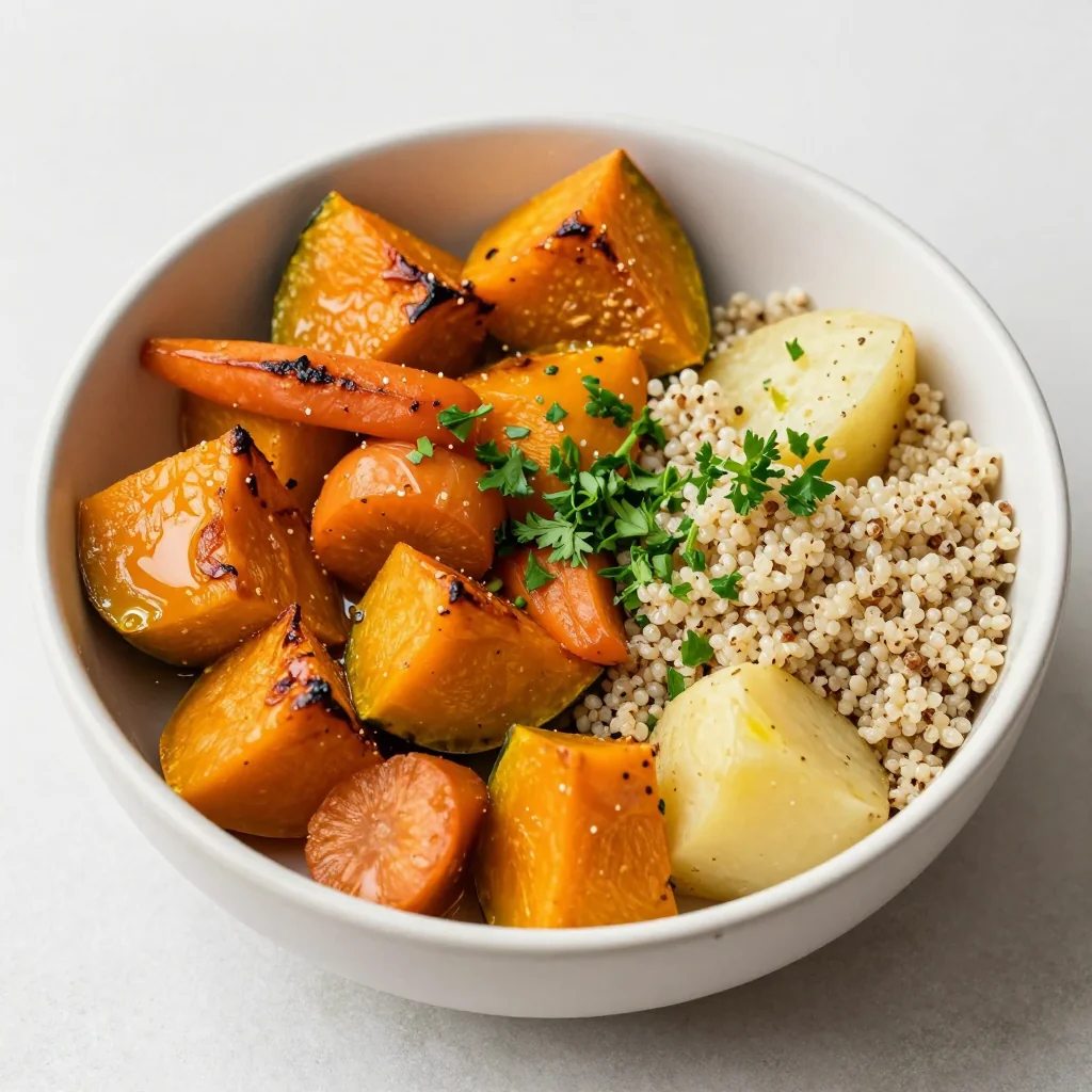 healthy meal prep recipe with winter squash carrots and potatoes