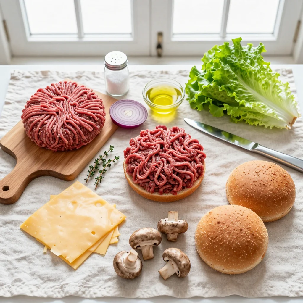 All ingredients for Beef Burgers with Mushrooms and Swiss