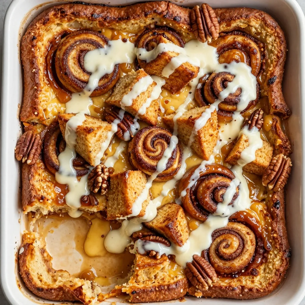 cinnamon roll french toast casserole with cream cheese glaze for brunch