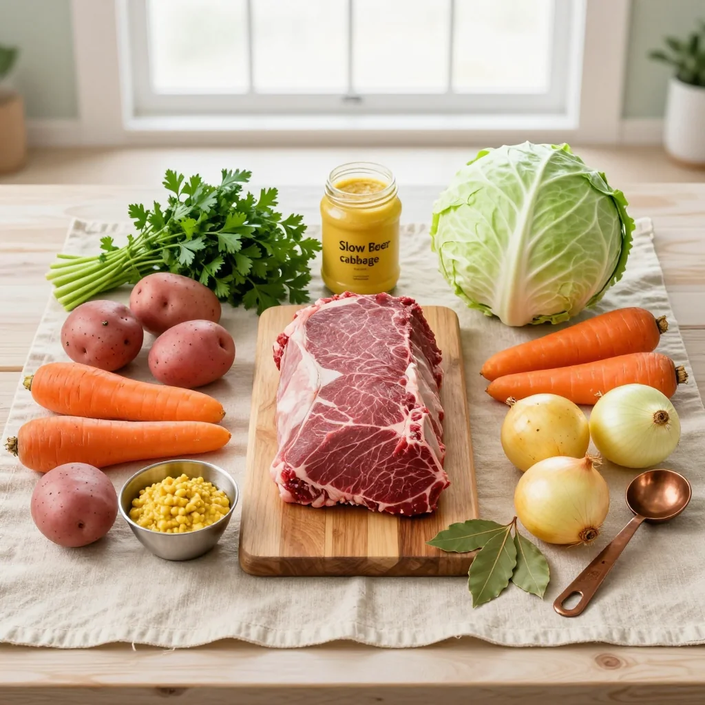 All ingredients for Slow Cooker Corned Beef and Cabbage with Potatoes