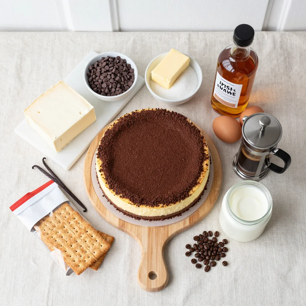 All ingredients laid out for Irish Coffee Cheesecake with Chocolate Crust
