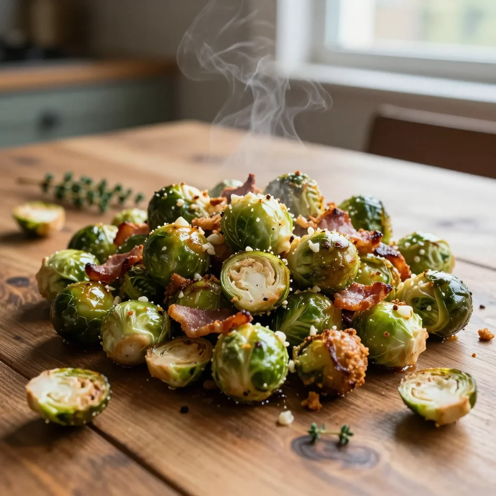 Air Fryer Garlic Parmesan Brussels Sprouts with Bacon