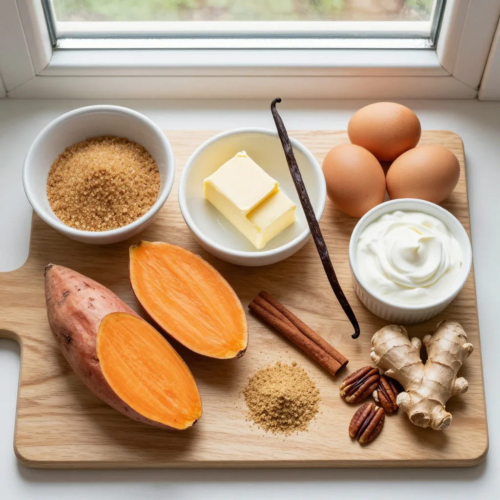 All ingredients for Sweet Potato Pie Southern Style neatly arranged on a wooden board