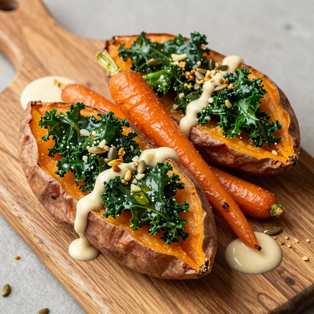 baked sweet potatoes stuffed with kale and roasted carrots