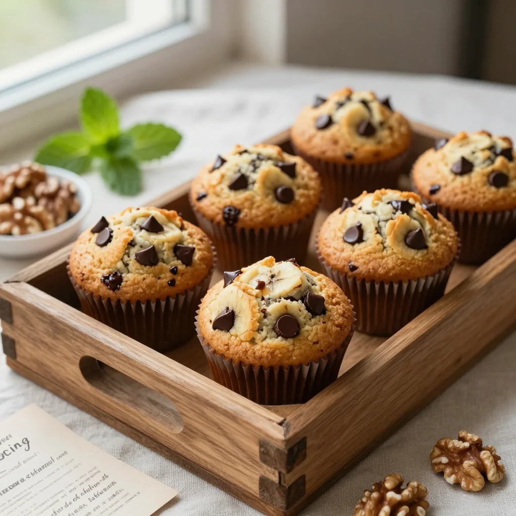 Chocolate Chip Banana Muffins with Walnuts