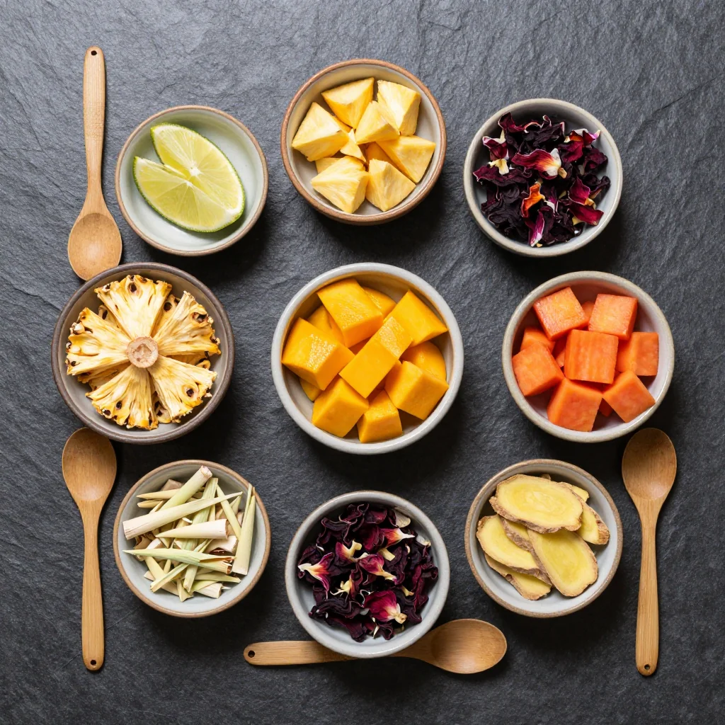 Fresh ingredients including pineapple chunks, ginger root, turmeric, lime, and mint leaves beautifully arranged on a wooden board