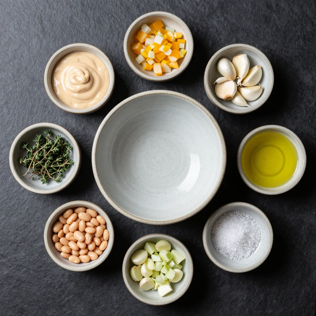 White beans, aromatics, herbs, and cream arranged on a wooden board