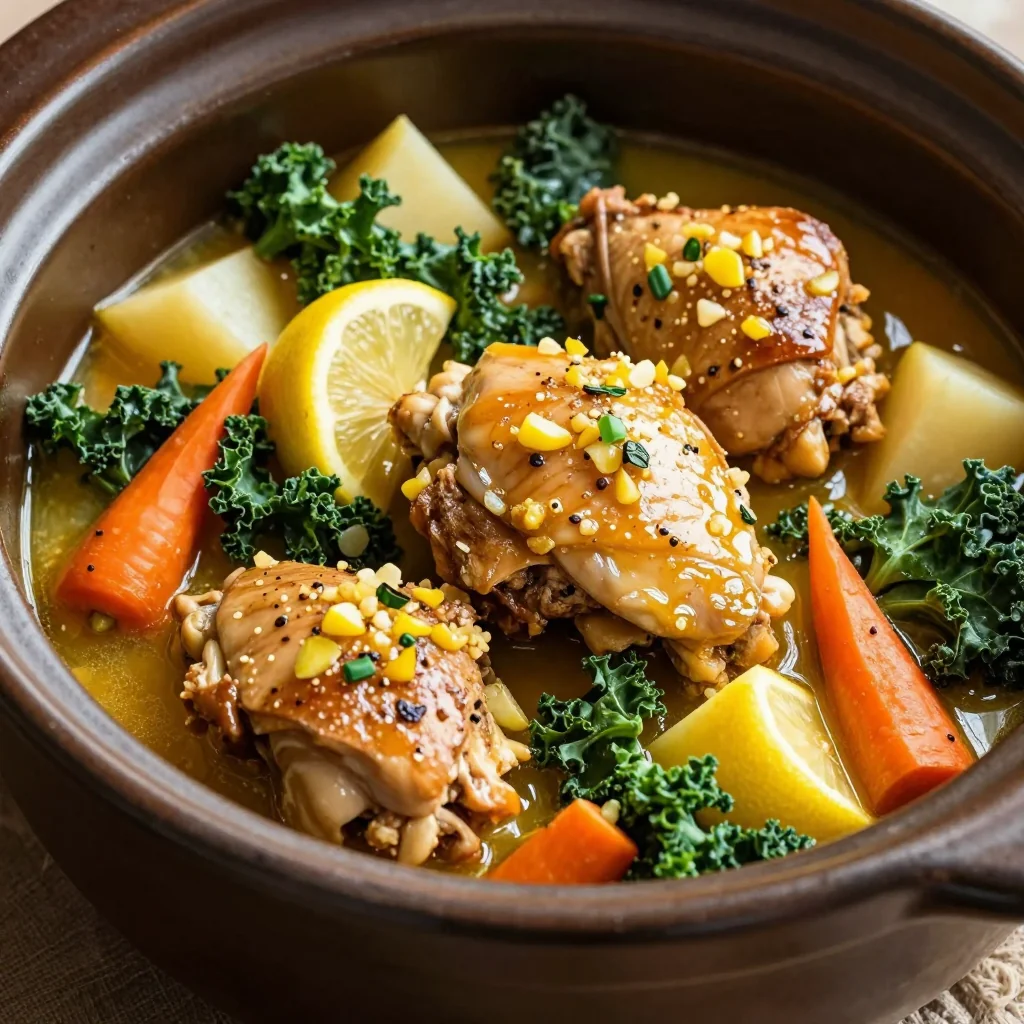slow cooker lemon garlic chicken stew with kale and winter root vegetables