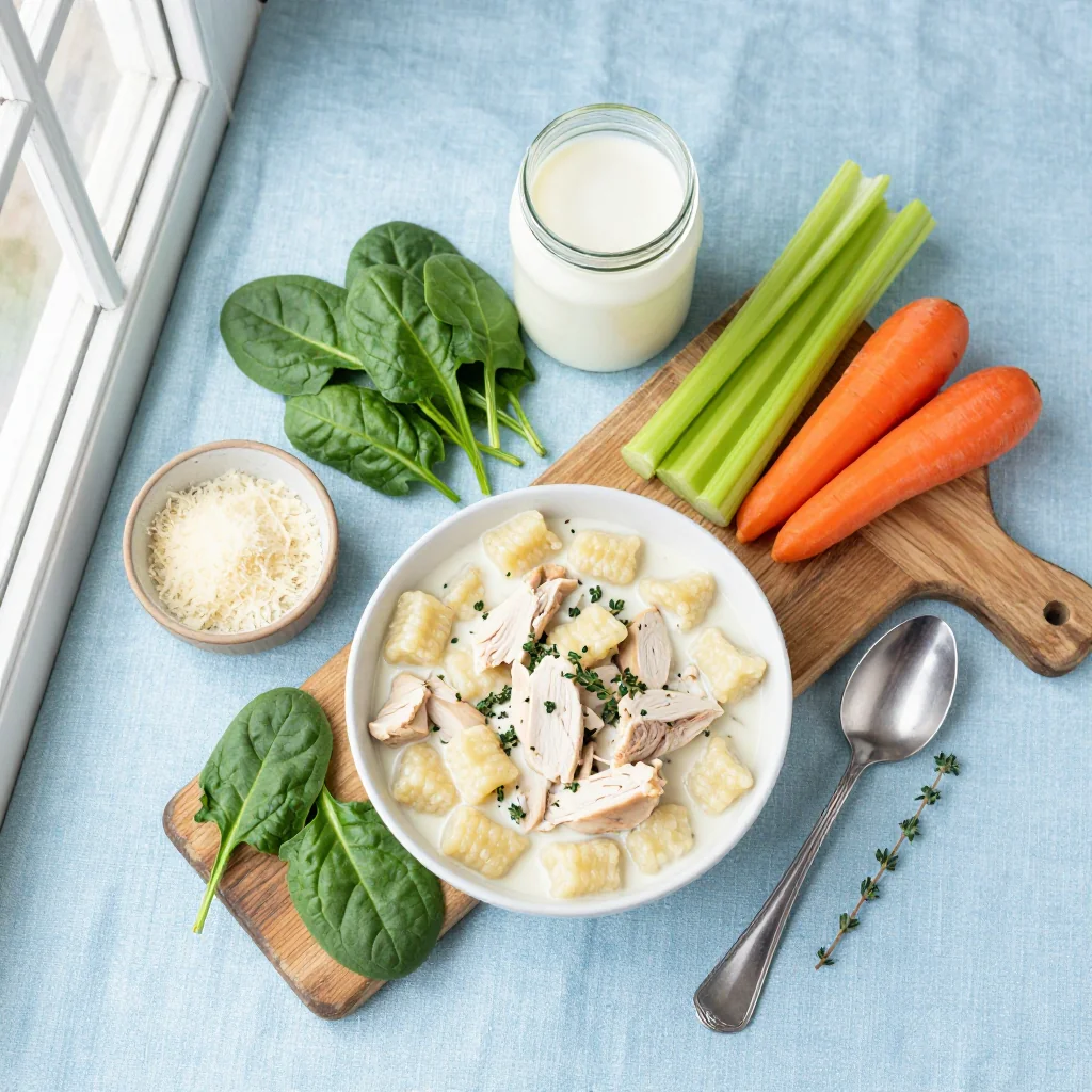 All ingredients for Creamy Chicken Gnocchi Soup with Spinach