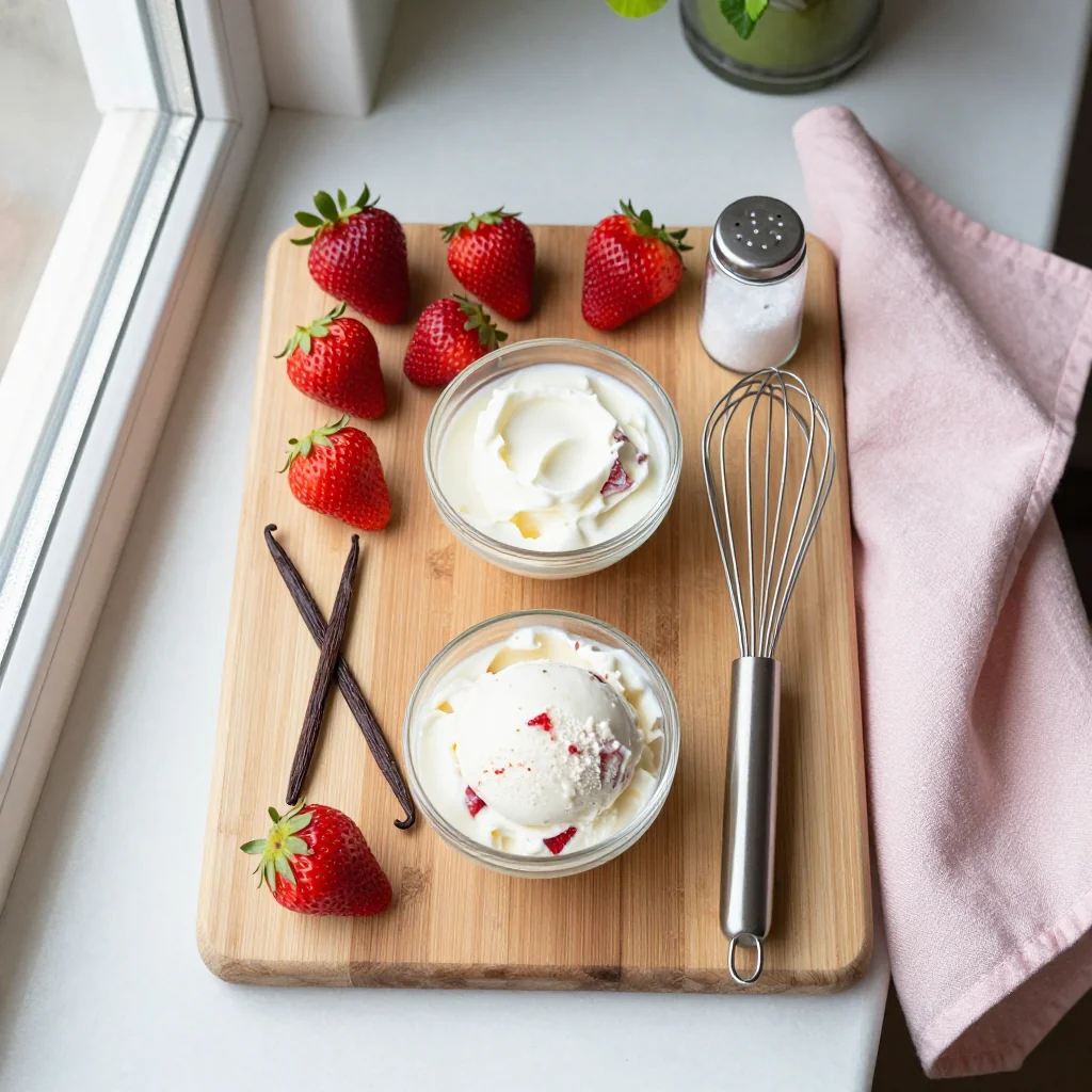 All ingredients for Strawberry Ice Cream with Chunks